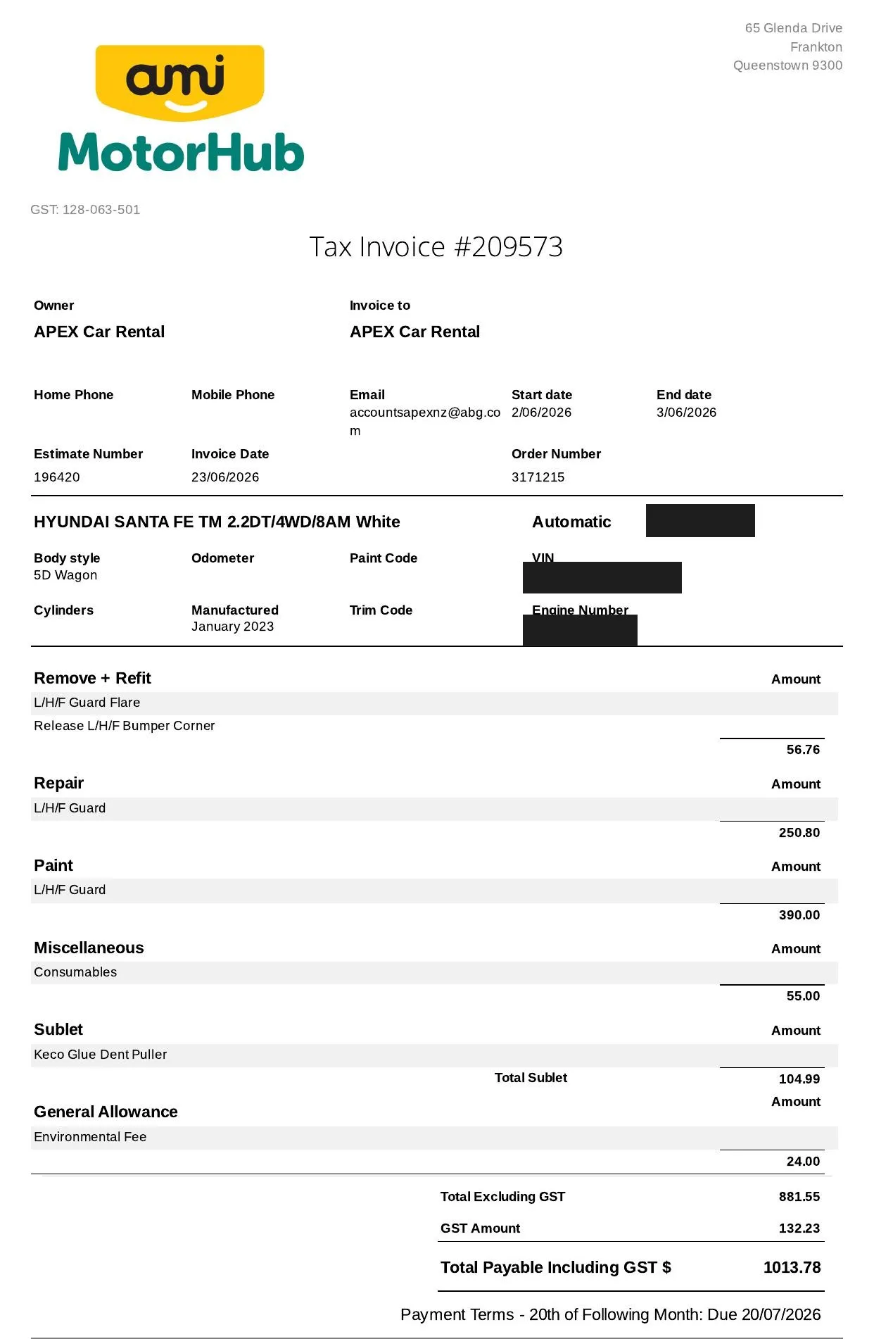 維修廠最終發票,含 GST 總額 NZD 1,013.78