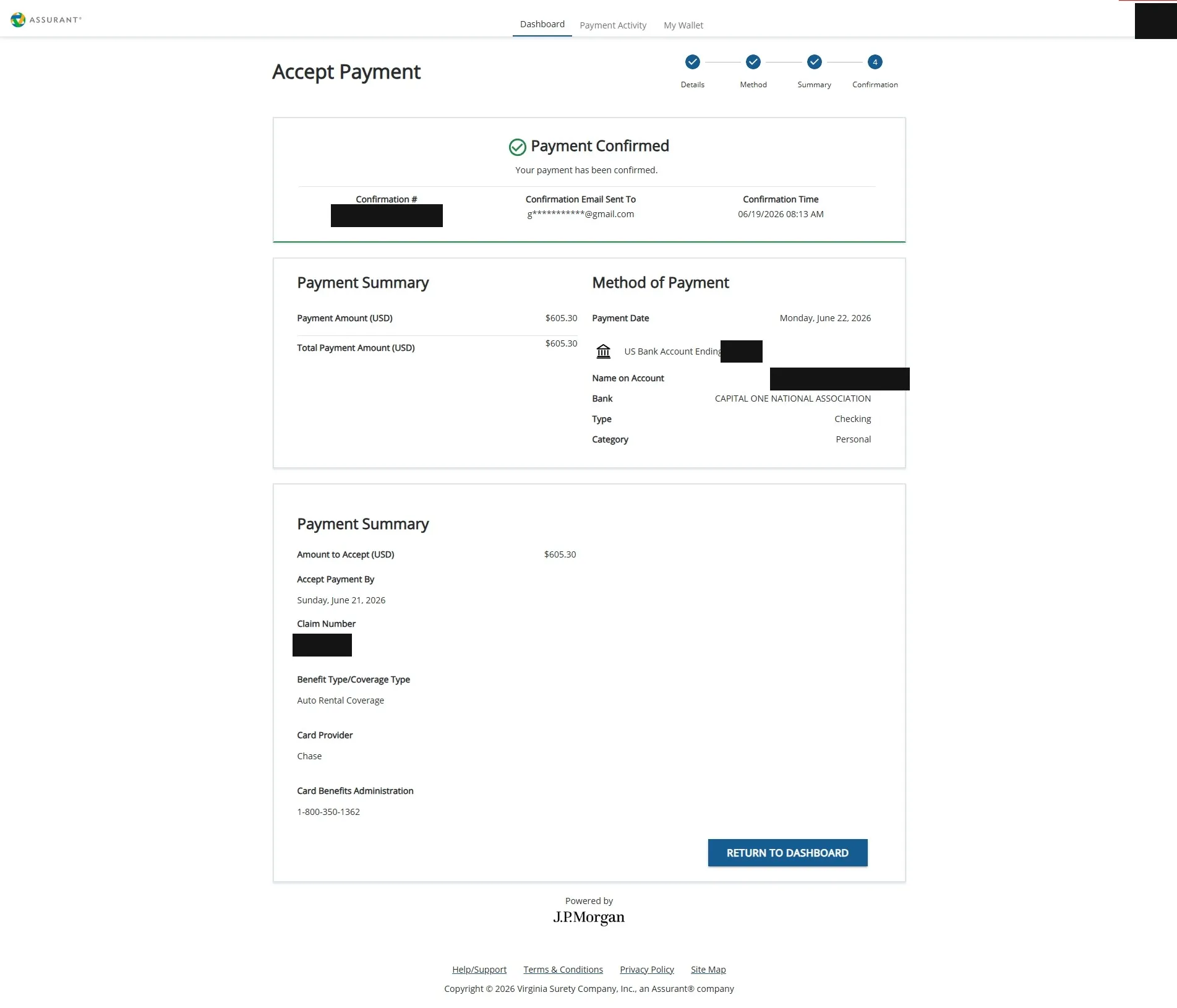 jpmorgan 付款設定完成頁,核賠 USD 605.30,Auto Rental Coverage