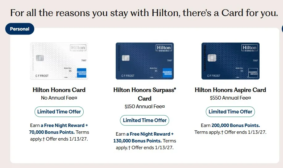 Hilton 官網三張個人卡限時開卡禮總覽：Hilton Honors、Surpass 與 Aspire