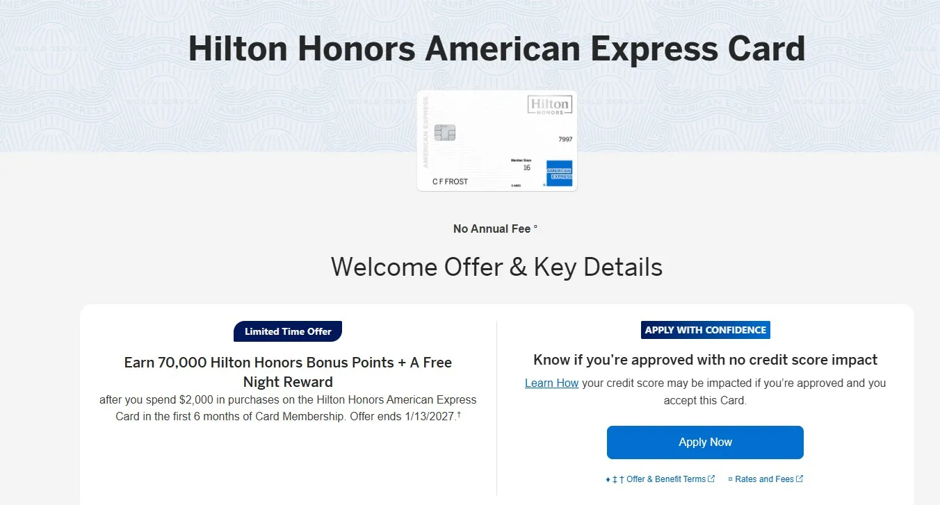 Hilton Honors 無年費白卡限時開卡禮：70K 點數加 1 張 Free Night Reward