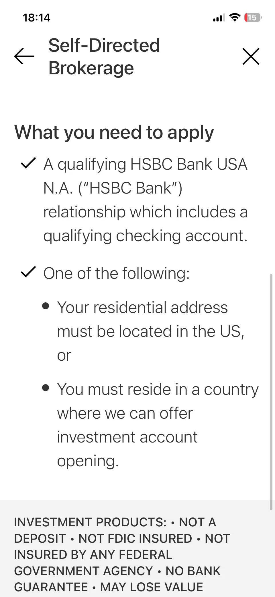 資格頁：居住地二選一，出現「You must reside in a country where we can offer investment account opening」