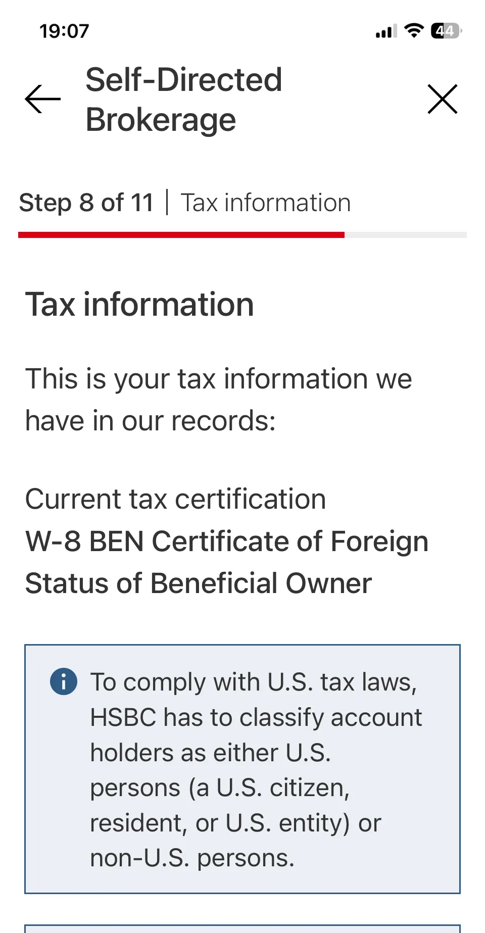 Step 8 稅務頁：系統帶出既有的 W-8BEN